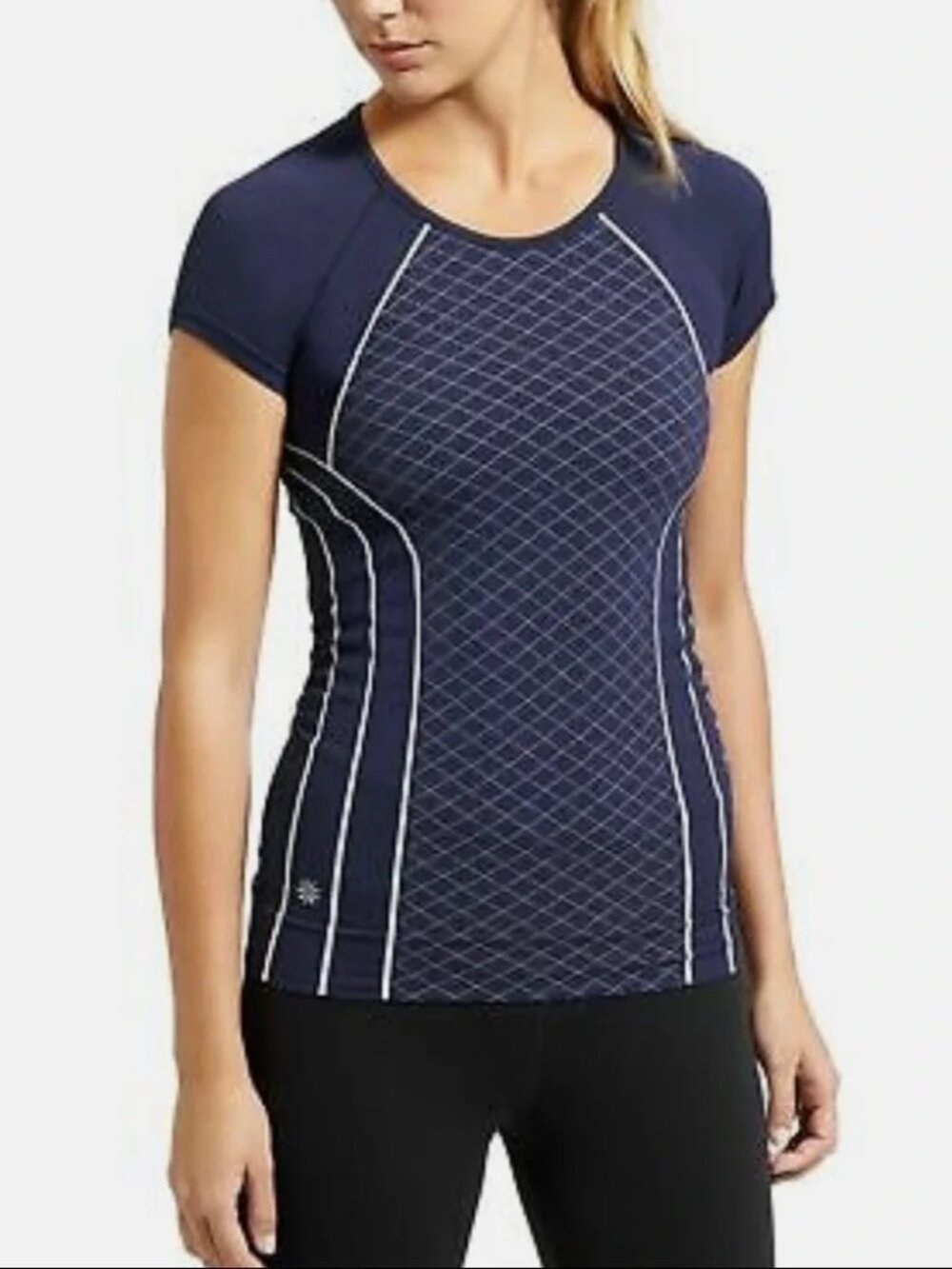 Athleta Finish Fast Navy Short-Sleeve Performance Tee with White Piping